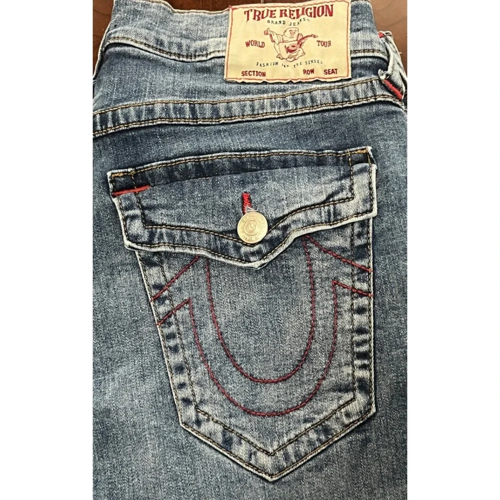 True Religion Ricky Relaxed Straight Jeans Mens 32 Blue Red Thick Stitch Flap